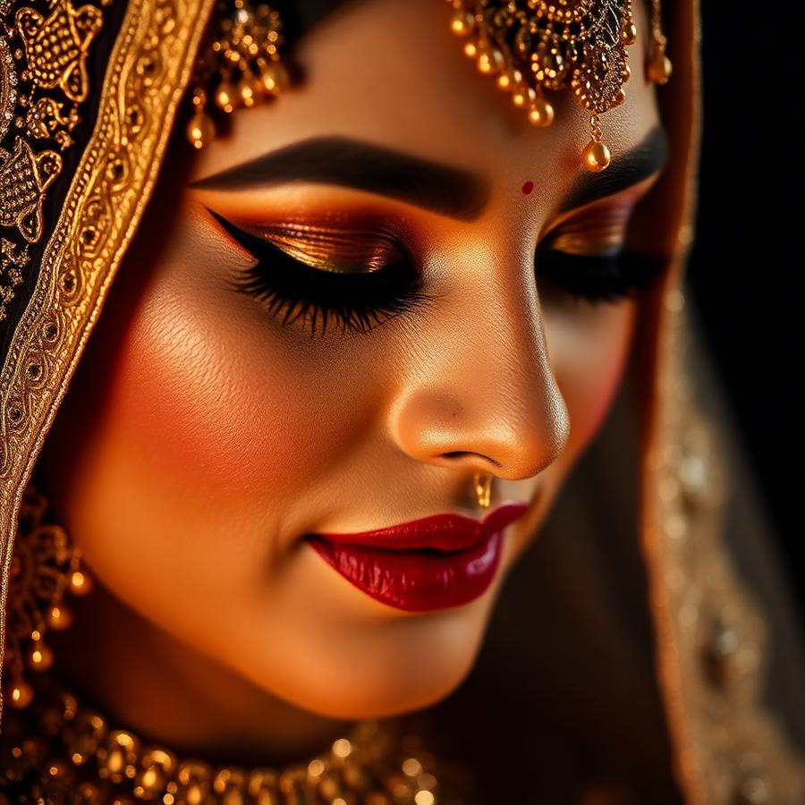 Bridal makeup with gold jewellery